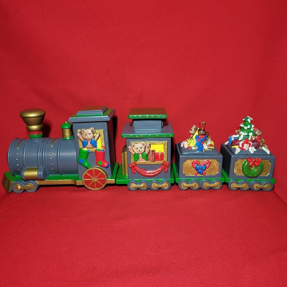 Vintage Christmas Train Teddy Bears Ceramic Red and Green Jar Trinket Box